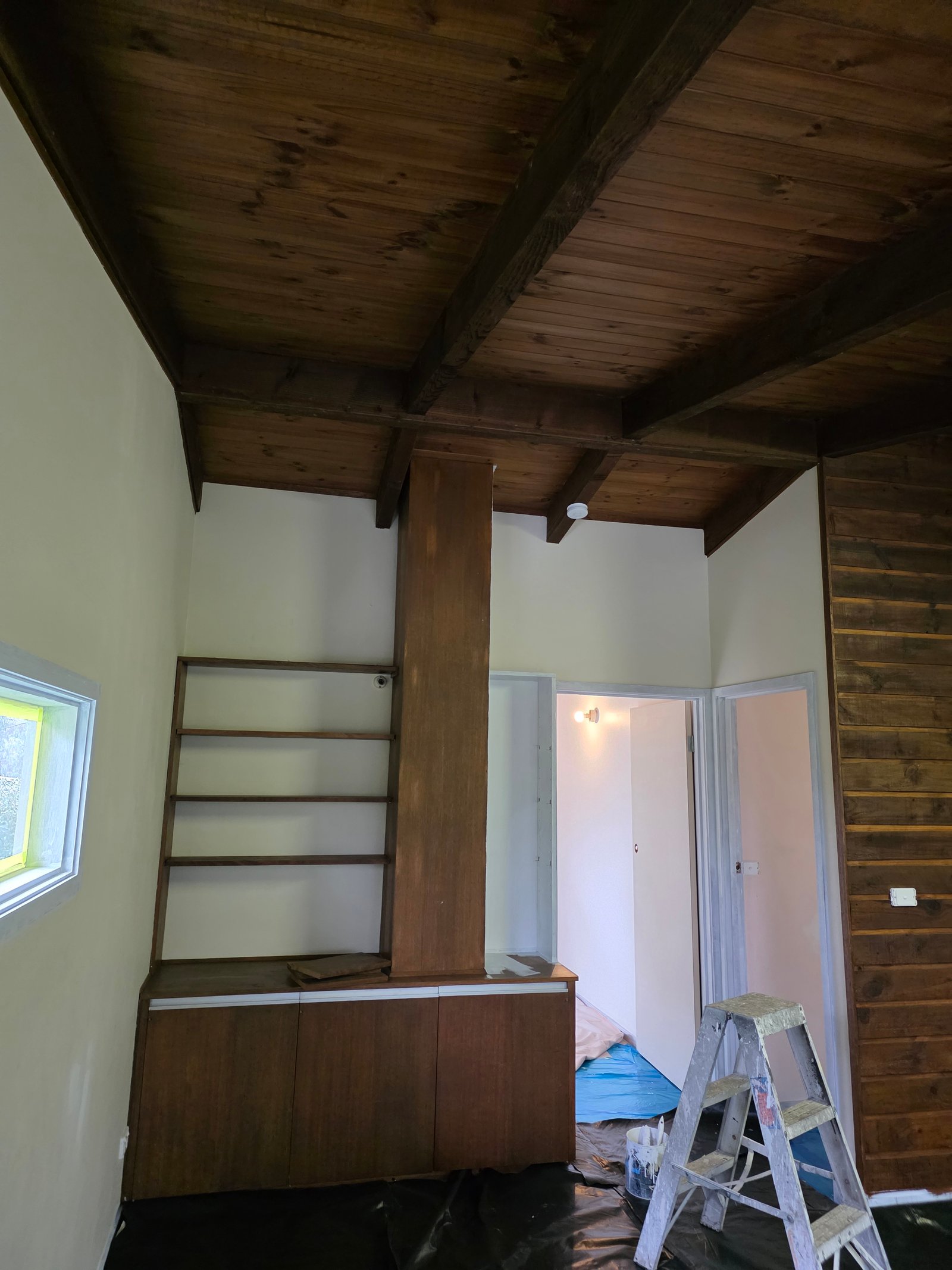 Before interior repaint photo showing dark timber wall and ceiling finishes in a living room