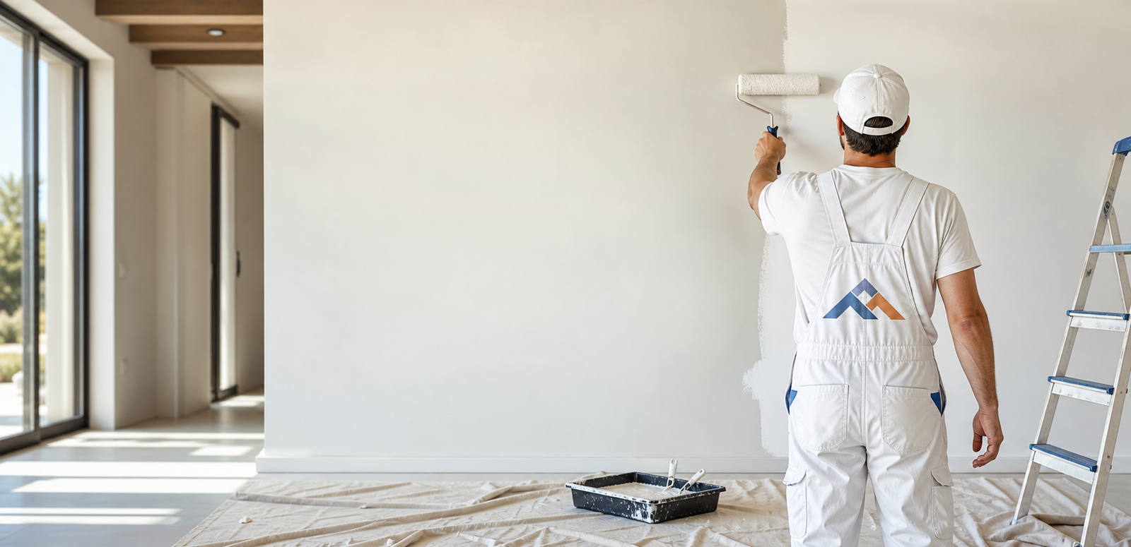 Male painter wearing a cap and facing away while painting the interior of a home